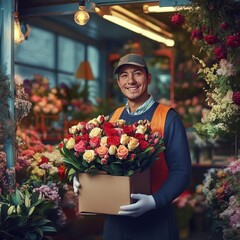 Smiling florist holding a cardboard box with a colorful bouquet of red, yellow, and pink roses inside a flower shop. Indoor portrait photography. Floristry and flower arrangement concept.