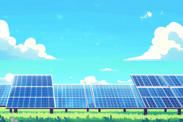 Solar Panels Against Blue Sky and White Clouds Background