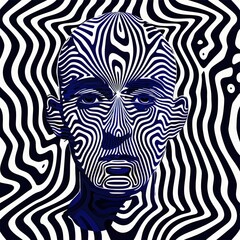 Canvas Print - Abstract portrait of a stylized human face featuring intricate black and white wavy patterns. Emotional expression reflecting curiosity and intrigue within a surreal context.