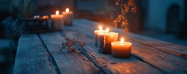 Poster - Burning candles illuminating rustic wooden table at dusk, creating cozy ambiance