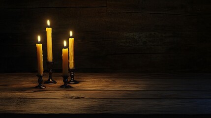 Poster - Burning candles on wooden table create warm, atmospheric glow