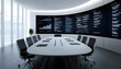 © Wirachai - modern conference room featuring large oval table surrounded by black chairs. walls are adorned with interactive digital displays showcasing data visualizations and inventory control dashboards,