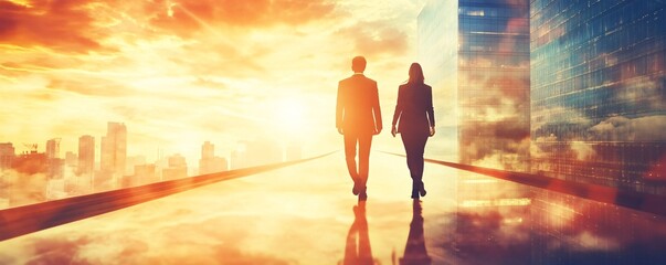 Poster - Businesspeople walking on a road to success above the city at sunset