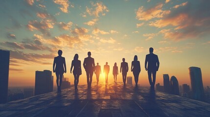 Poster - Businesspeople walking towards the sunrise in a big city