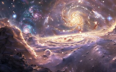 Wall Mural - cosmic symphony: a mesmerizing digital painting of a swirling galaxy, awash in vibrant hues and ethe