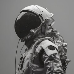 Wall Mural - astronaut in the cosmos: a grayscale portrait of an astronaut, helmet reflecting the vastness of spa