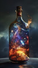 Wall Mural - cosmic alchemist: a mesmerizing digital artwork of a glass bottle containing a vibrant nebula, swirl