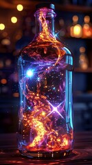 Wall Mural - Cosmic Elixir: A mesmerizing bottle containing swirling nebulae of vibrant orange and blue, illuminated by sparkling stars.  The scene is set against a blurred bar backdrop.