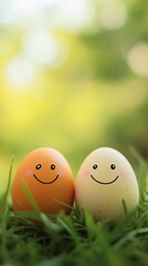 Wall Mural - Two smiling easter eggs resting on green grass blades