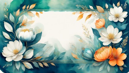 Wall Mural - Elegant watercolor floral design with teal, white, and orange flowers.