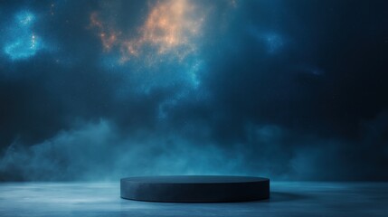 Wall Mural - A black, round, empty stage with a blue sky background