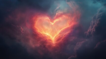 Wall Mural - A heart made of fire is surrounded by clouds