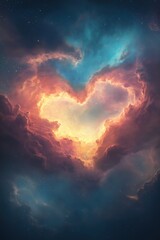 Wall Mural - A heart-shaped cloud in the sky with a yellow sun in the middle