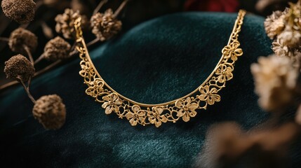 Wall Mural - Elegant Gold Flower Necklace on Velvet Background with Floral Accents