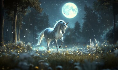 Wall Mural - a majestic unicorn walks through a moonlit forest. ai.