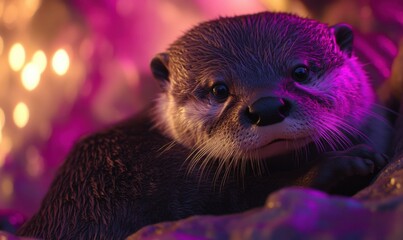 Canvas Print - Adorable otter under purple light. AI.