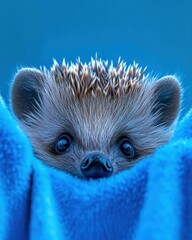 Wall Mural - A cute hedgehog peeking from a blue blanket. AI.