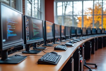 organized computer lab with many workstations. modern tech equipment. educational setting. displays 