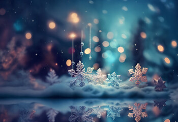 Aufkleber - A cluster of delicate snowflakes rest on a bed of fresh snow with a bokeh background of warm lights and blurred blue tones.