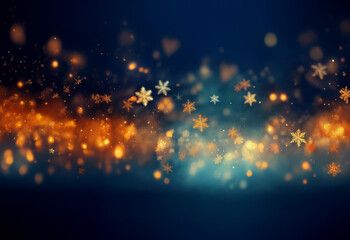 Aufkleber - A dreamy, abstract winter scene with delicate snowflakes falling through a blue and gold background.