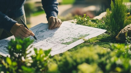 Wall Mural - A serene view of a landscape architect sketching plans for a botanical garden renovation, Botanical garden design scene, Natural and harmonious style