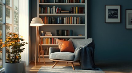 Wall Mural - Cozy Reading Nook with Modern Chair and Bookshelf in Sunlight