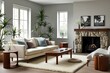 © AdibaZR - Modern living room with cream sofa, wooden coffee table, stone fireplace, and plants.