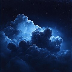 a mesmerizing view of a dramatic night sky with dark blue clouds illuminated by the moon, creating a