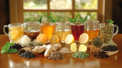 Wall Mural - A variety of herbal teas with fresh ginger, lemon, and honey, arranged on a table, illustrating their soothing and functional benefits 