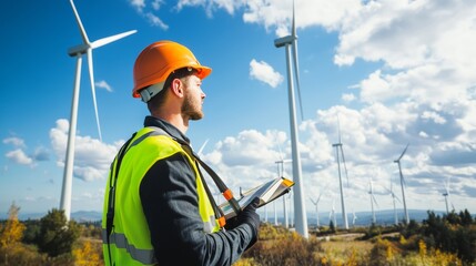 A wind farm engineer in a safety helmet and harness inspecting a wind turbine, with an array of wind turbines and blue sky, Wind energy scene