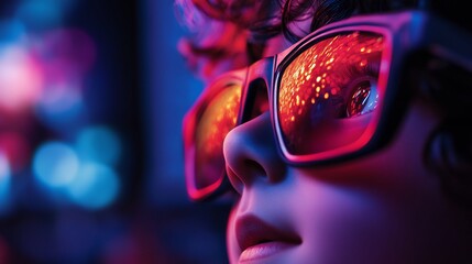 Sticker - Close-up of person wearing 3D glasses, reflected lights.