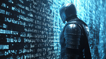 Wall Mural - cyber safety khight on data mass. internet security lock information privacy low poly polygonal futu