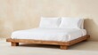 © Aventurine - Minimalist serenity furniture concept, Minimalist wooden bed with white bedding against a neutral wall backdrop.