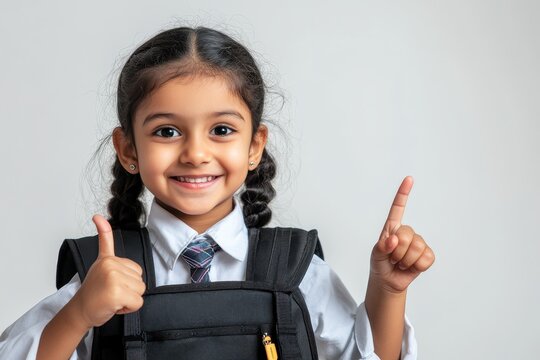 Happy Indian kid primary elementary school girl with backpack wearing school uniform pointing finger