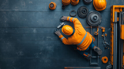 Leinwandbilder - construction worker in orange uniform measures materials in workspace