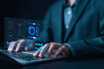 Fototapete - analyst manages the system database reports analyzes data plans and shows a dashboard chart on the computer. concept of research on platform digital technology, analytics business