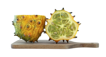 Wall Mural - Fresh kiwano or horned melon sliced open on a wooden board isolated on white background