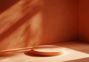Aufkleber - Minimalist 3D Podium Platform with Orange Background and Leaf Shadows for Autumn Beauty Display