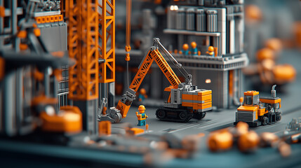Poster - vibrant construction site with miniature vehicles and workers