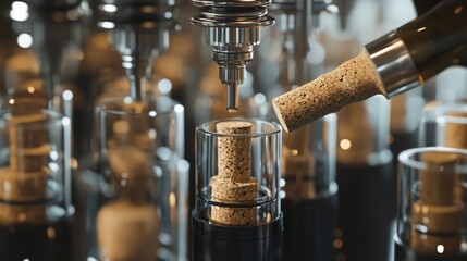 Poster - Inside a natural wine production facility, automated machinery carefully seals glass bottles with corks.