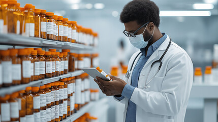 Poster - Healthcare worker checking medication in pharmacy with bottles