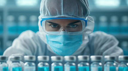 Poster - healthcare worker in protective gear examines vaccine vials closely
