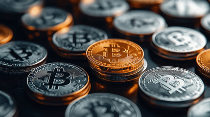 Aufkleber - High resolution image of various cryptocurrency coins, including Bitcoin