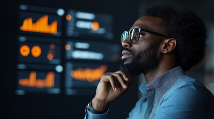 Poster - Thoughtful man analyzing data on digital screens in modern office