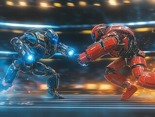robotics competition arena with bots battling focus on, tech showdown, dynamic, double exposure, spo