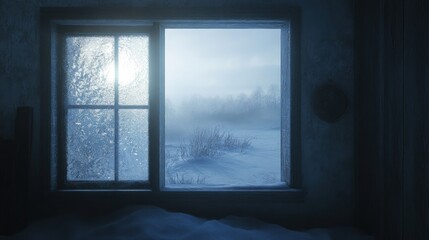 Poster - Frosty window, snowy landscape, winter's cold embrace.