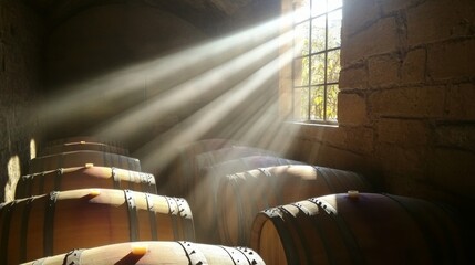 Aufkleber - Sunlight streams through a window, casting beams over a row of wooden wine barrels resting in a rustic cellar. The warm atmosphere enhances the natural beauty of the space.