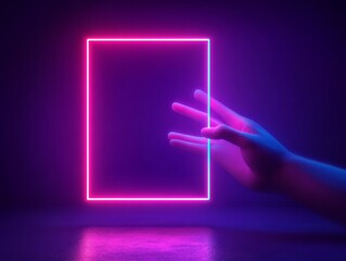 Poster - Neon Hand Holding Glowing Square Frame in Purple Background Futuristic Technology Design
