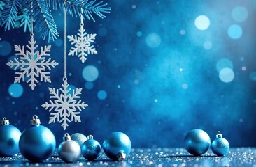 Wall Mural - snowflakes suspended on silver threads on a shiny blue background with blue balls, with a blue bokeh