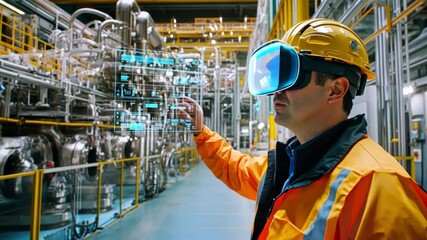 Wall Mural - inside a heavy industrial facility, engineers wearing ar glasses inspect machinery while viewing rea
